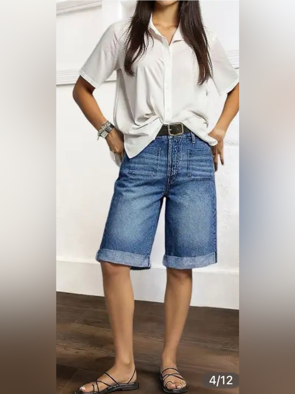 Flamingals Roll Hem Patch Pocket High Rise Denim Bermuda Shorts